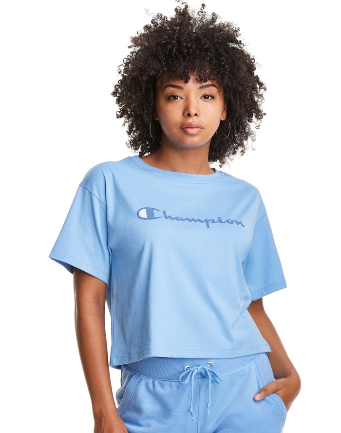 Camiseta Champion Mujer - Cropped Script Logo ( Azules Claro ) 0592438-QC